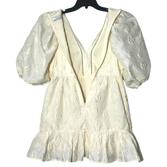 Hunter Bell Gaille Mini Dress Jacquard Ivory Flowers size XS Puff Sleeve Bridal - Picture 12 of 16